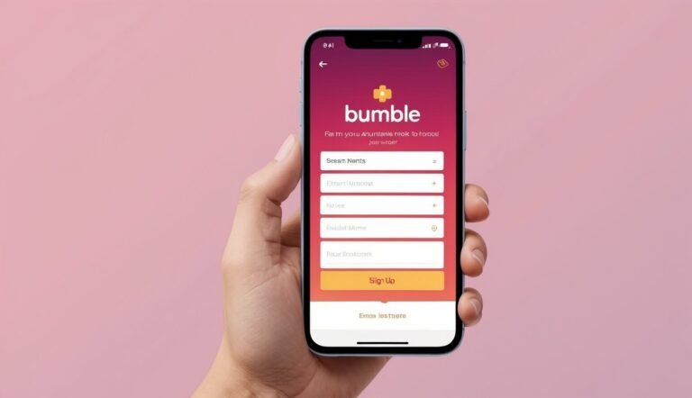 Hand holding a phone displaying the Bumble sign-up page on a pink background