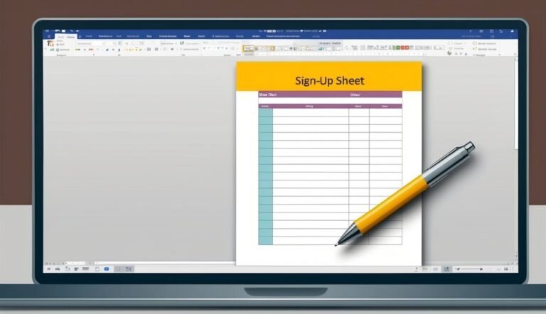 Laptop screen displaying a sign-up sheet with a pen resting on it