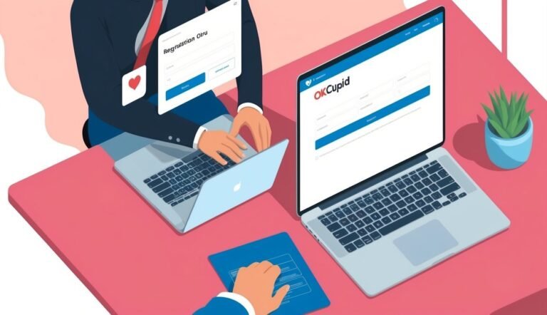 Two people using laptops, one on OkCupid, the other on a registration form
