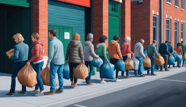People line up, holding bags, in front of a brick building