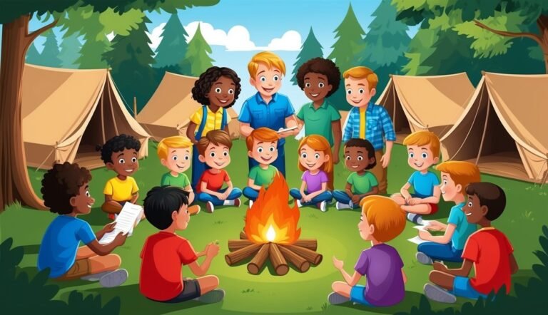 Children and adults gathered around a campfire at a campsite