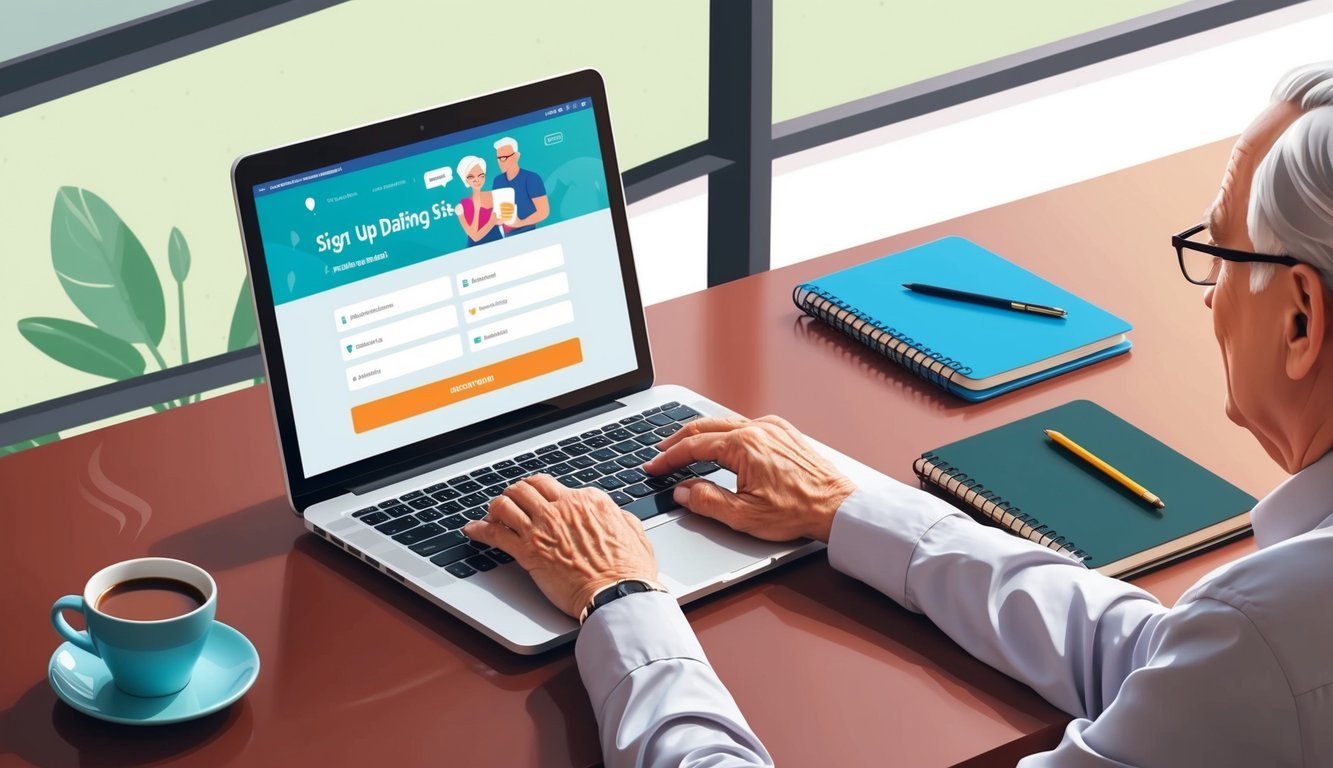 A senior person using a laptop to sign up for a dating site, with a cup of coffee and a notebook on the table