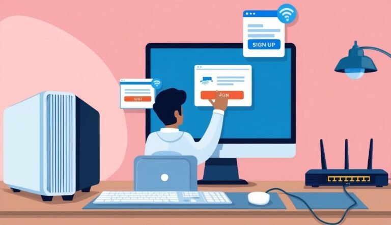 Person connecting to the internet on a computer with router and server