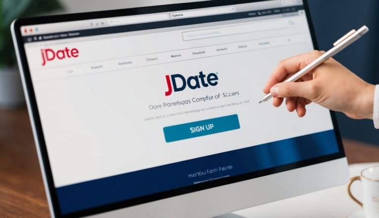 A hand holding a pen over a computer screen displaying the JDate website