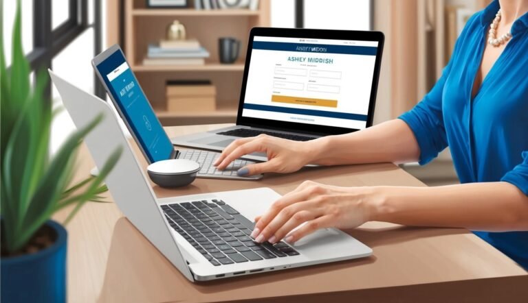 Woman using two laptops, one with a login form, at a desk