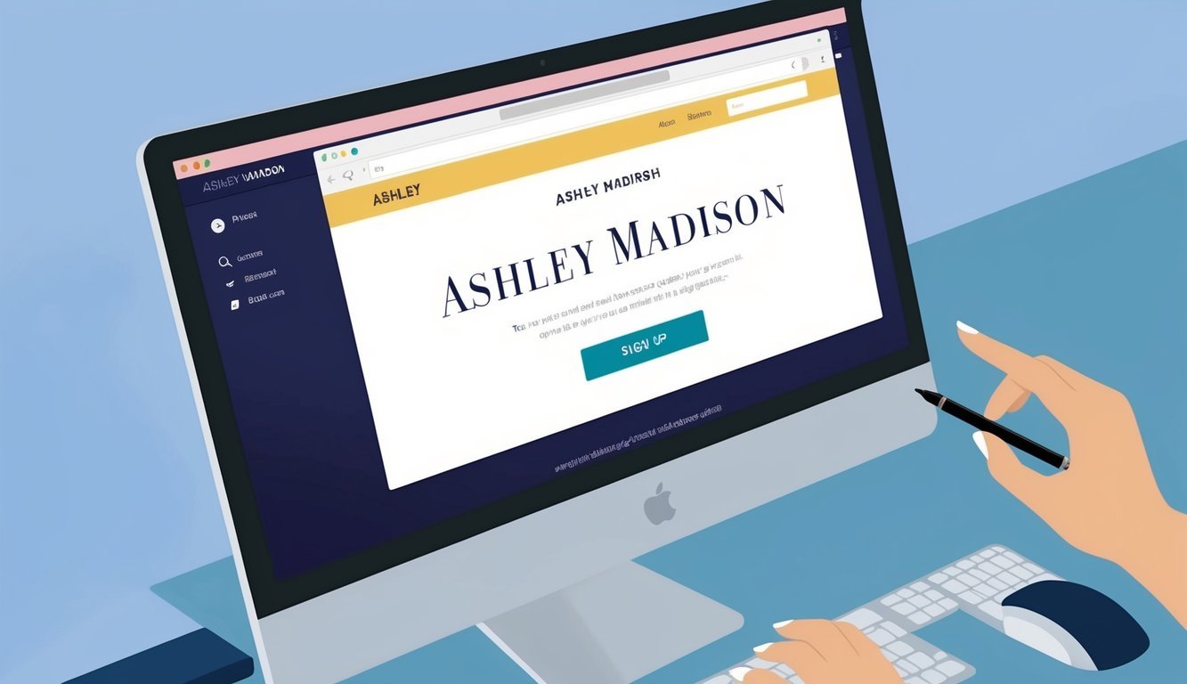 A computer screen with a web browser open to the Ashley Madison website, with a cursor hovering over the "Sign Up" button