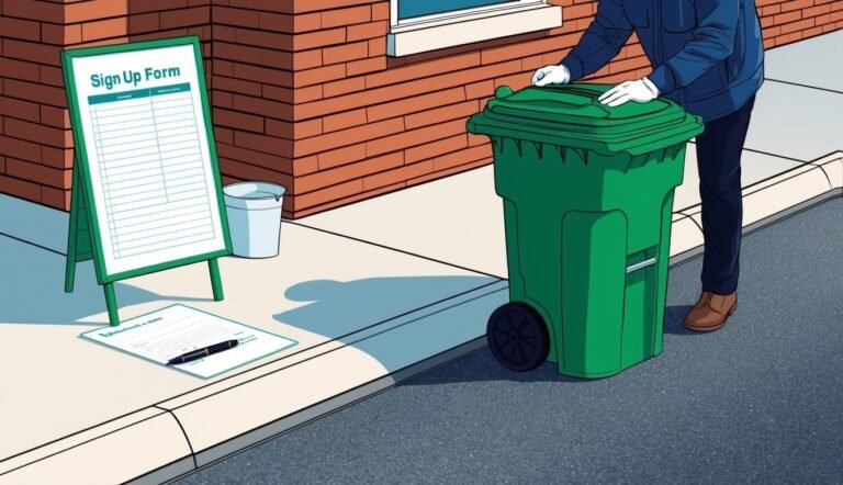 Person with gloves near a green trash can, sign-up form, and brick building