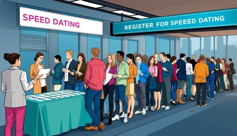 People line up to register for speed dating event