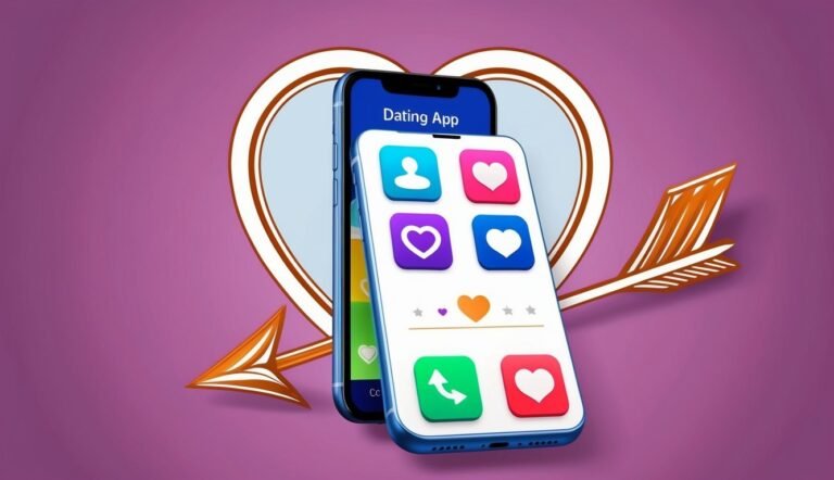 Two smartphones with a dating app interface, heart, and arrow