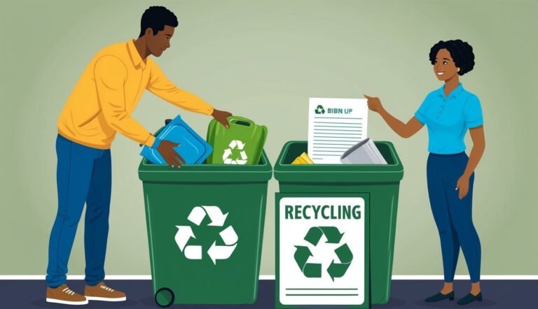 Two people recycling plastic containers and paper into green bins