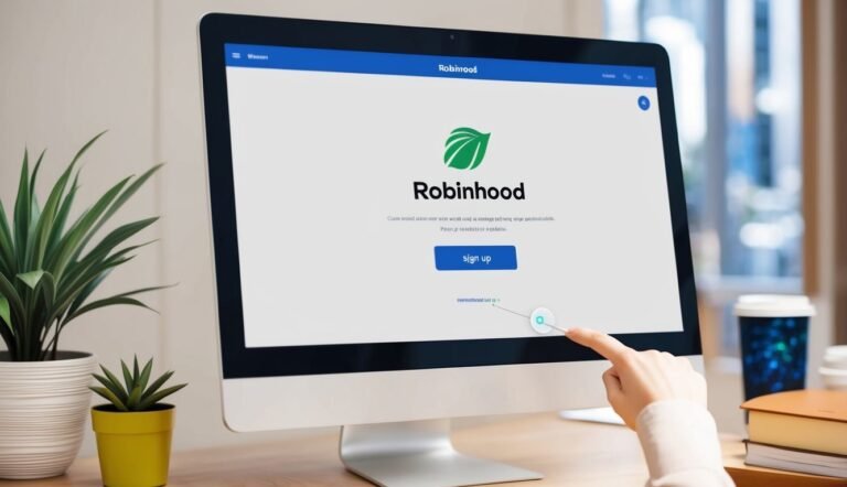 Person's finger pointing at the Robinhood sign-up button on a computer screen