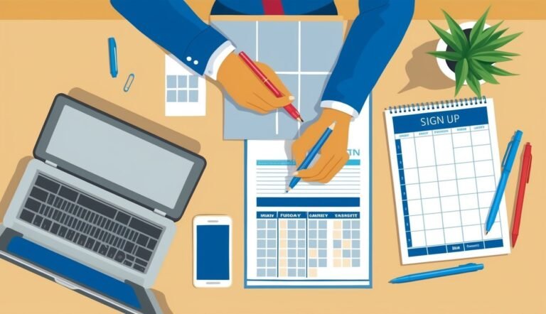 Person writing on documents at a desk with laptop, phone, and calendar