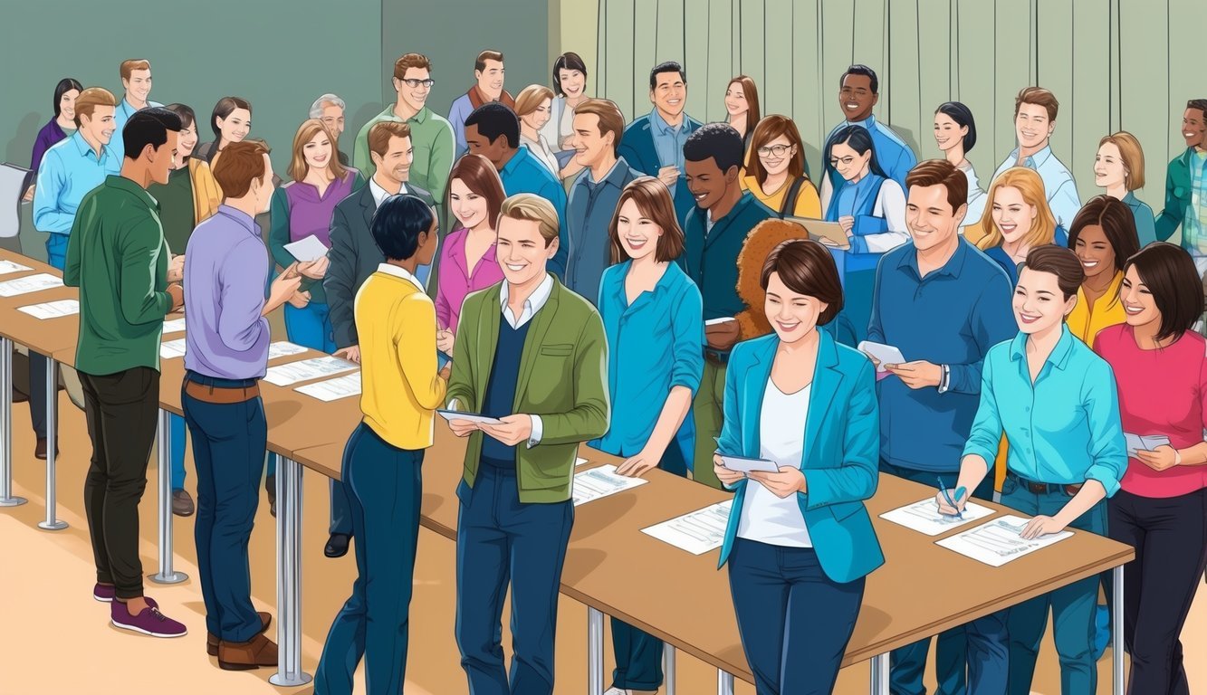 A group of people standing in line, eagerly waiting to sign up for a dating event.</p><p>Tables with registration forms and pens set up in the background