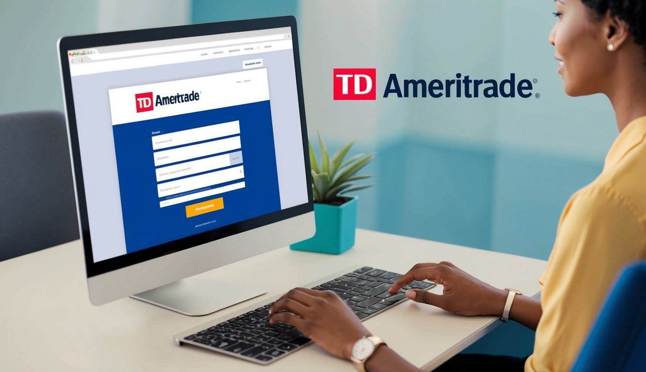 A person sitting at a computer, filling out an online form to sign up for TD Ameritrade.</p><p>The screen displays the company's logo and website