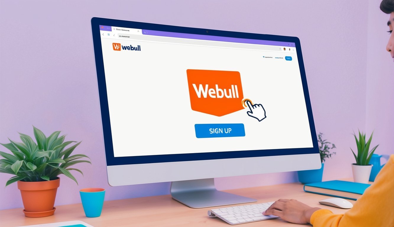 A computer screen displaying the Webull homepage with a cursor clicking on the "Sign Up" button