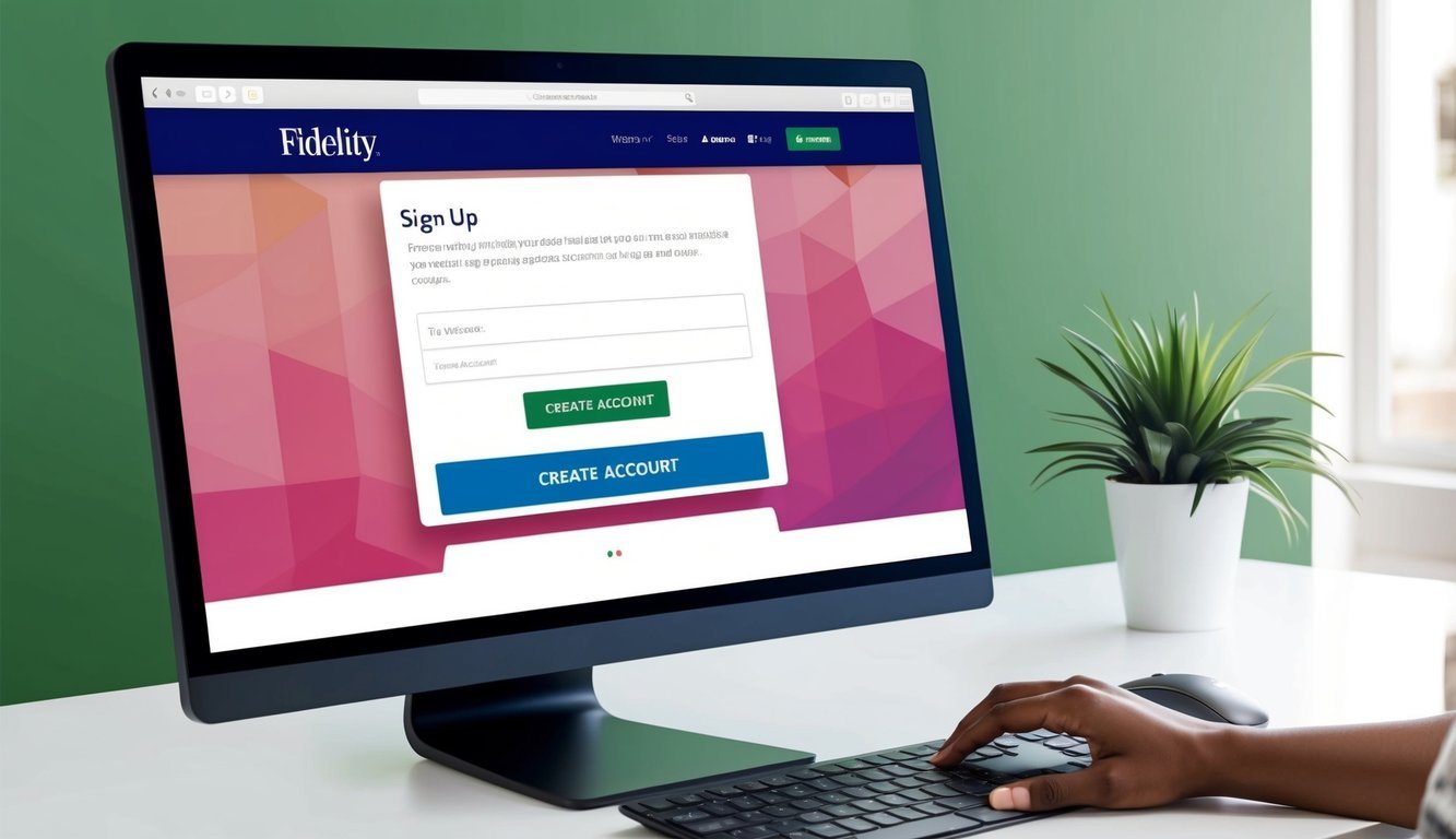 A computer screen displaying the Fidelity website with a sign-up form, a mouse hovering over the "Create Account" button