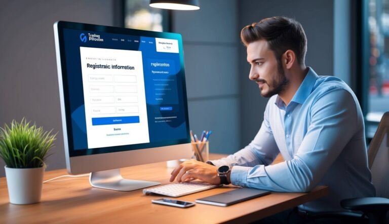 Man working on a computer, filling out a registration form