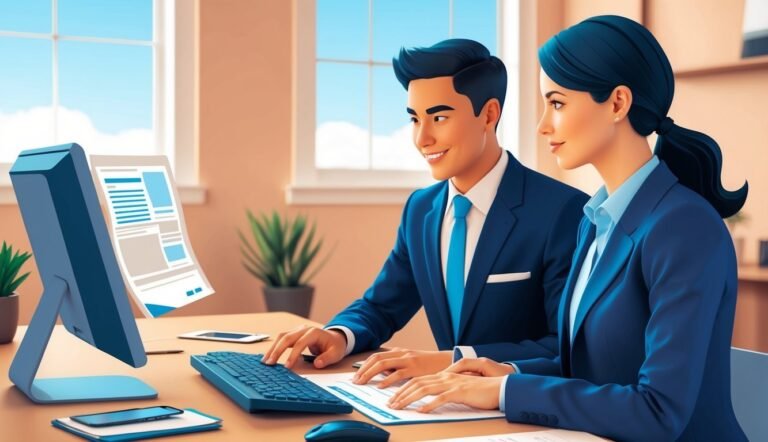 Two business professionals working together at a desk with a computer