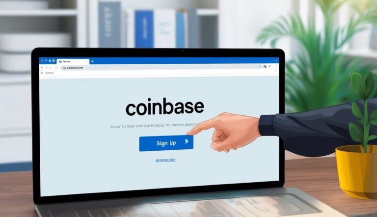 Laptop screen displaying Coinbase sign-up page, hand pointing at the "Sign Up" button