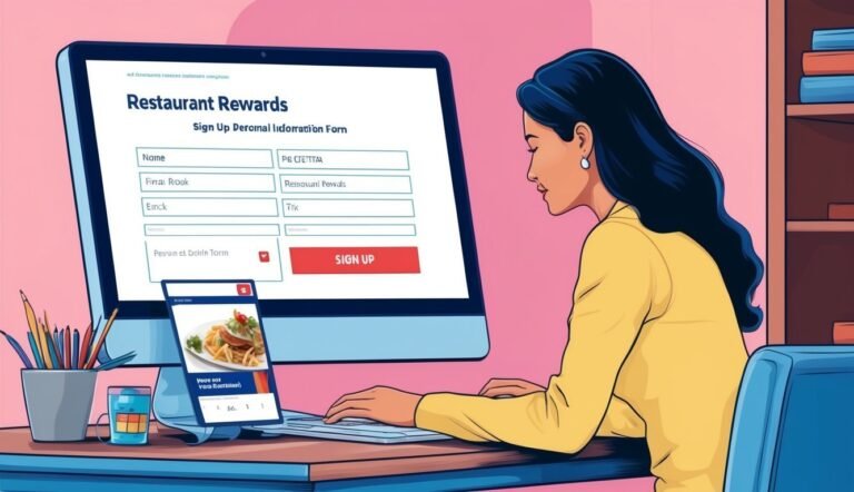 Woman filling out a restaurant rewards form on a computer