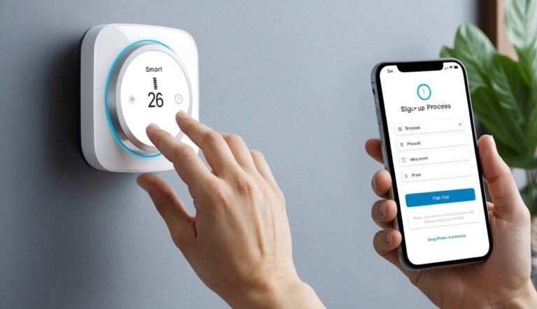 Person using smart thermostat and phone with sign-up process on screen
