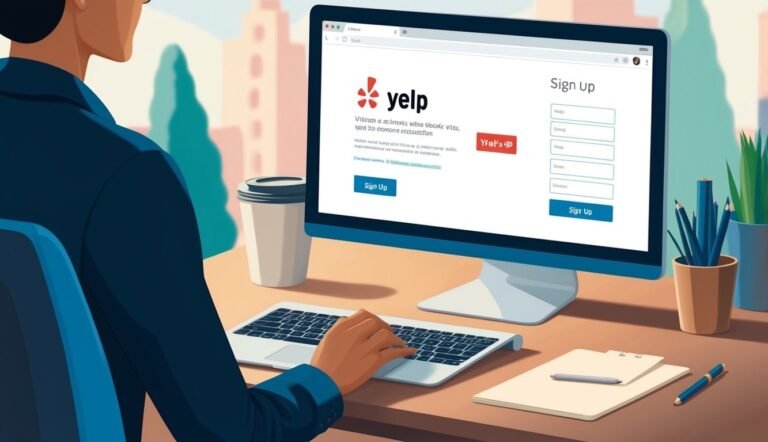 Person signing up for Yelp on a computer, with coffee and office supplies
