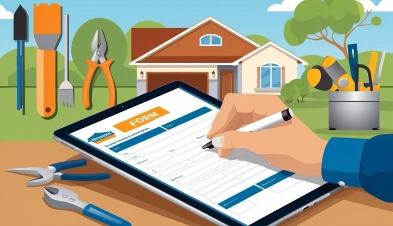 Hand filling out a form on a tablet, with tools and a house in background