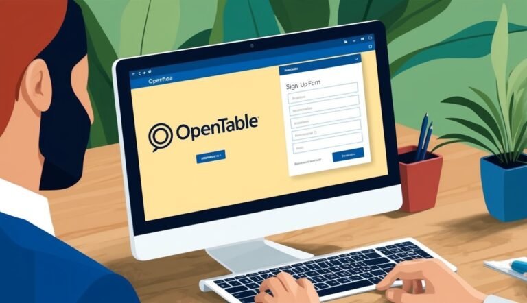 Person using a computer to sign up for OpenTable, with a sign-up form displayed