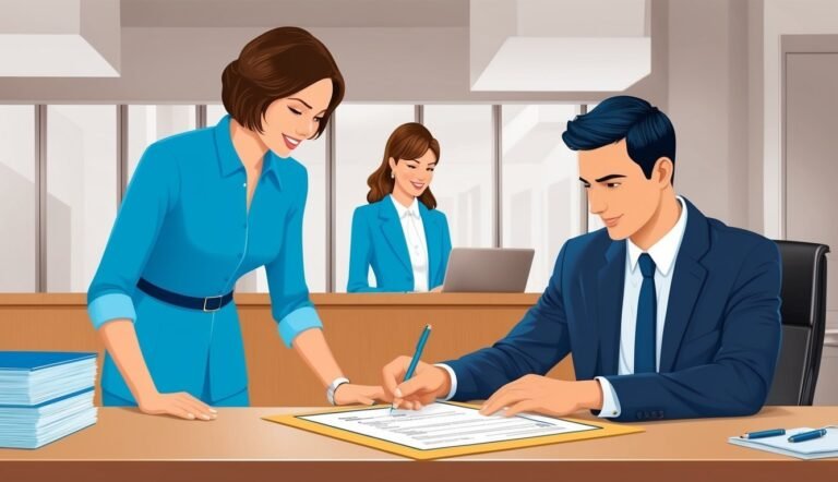 Man signing document with assistance from a woman in an office setting