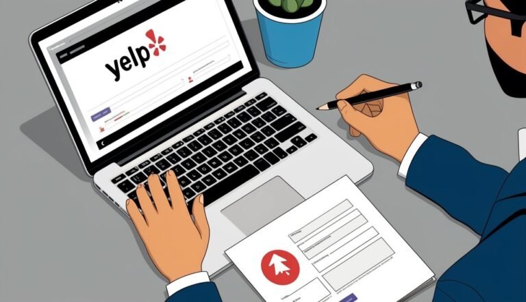 Person using Yelp on a laptop, filling out a form with a pen