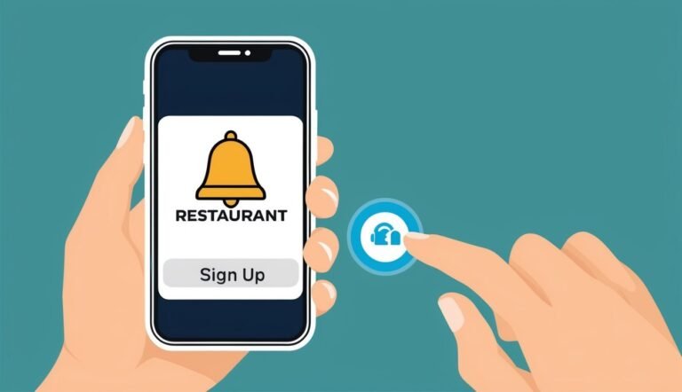 Hand holding phone with restaurant app, bell icon, and sign-up button