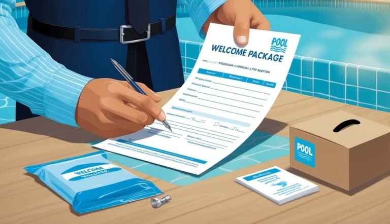 Person signing a "Welcome Package" form near a pool, with a welcome kit
