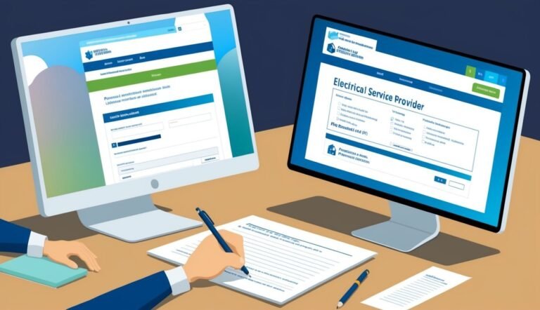 Person filling out paperwork with computer screens showing online forms