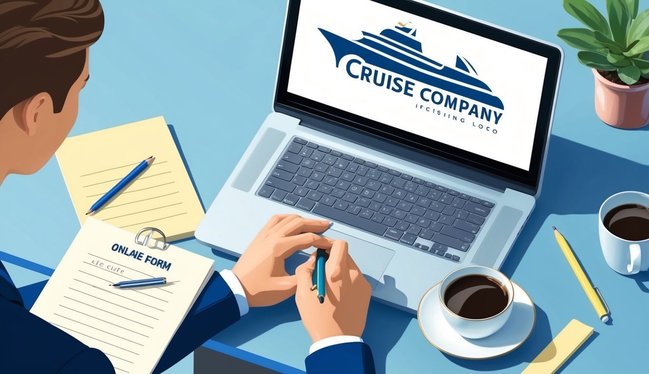 A person at a computer, filling out an online form with a cruise company logo, a pen and paper with notes, and a cup of coffee