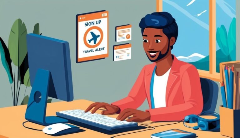 Man at computer with "Travel Alert" sign-up form