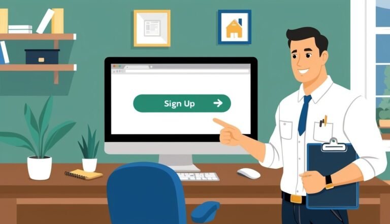 Man pointing at a computer screen with a "Sign Up" button