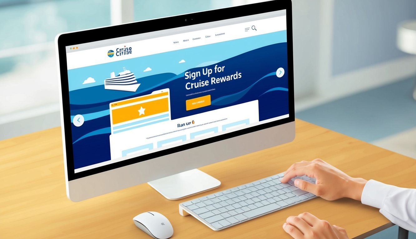 A computer screen displaying a website with a "Sign Up for Cruise Rewards" button.</p><p>A person's hand hovering over the mouse to click