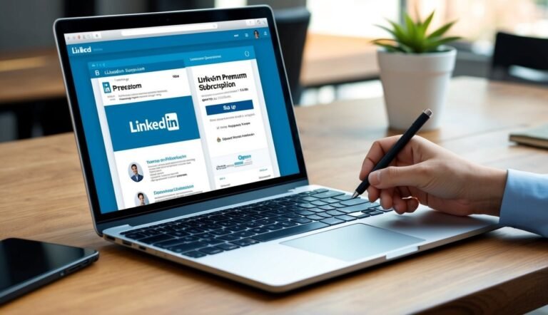 Laptop displaying LinkedIn page, hand holding pen, desk with plant and phone