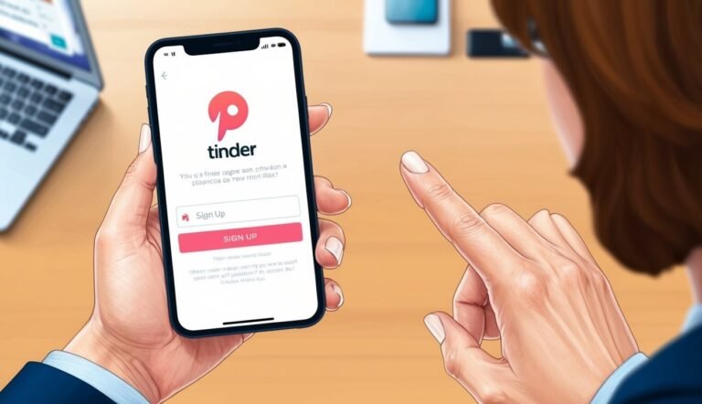 Person holding a phone with the Tinder app open, about to tap the screen