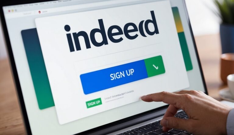 Laptop screen displaying the Indeed sign-up page with a finger pointing at the keyboard