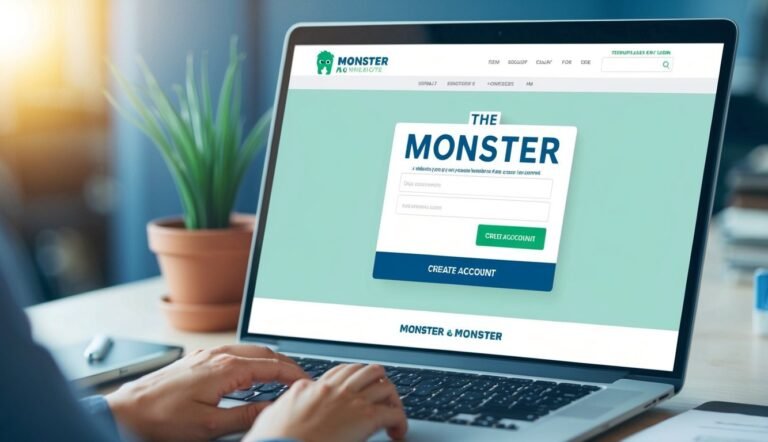 Person using a laptop with the Monster website login page displayed