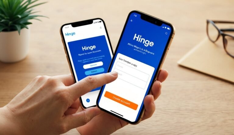 Two phones displaying the Hinge app, one with a finger touching the screen