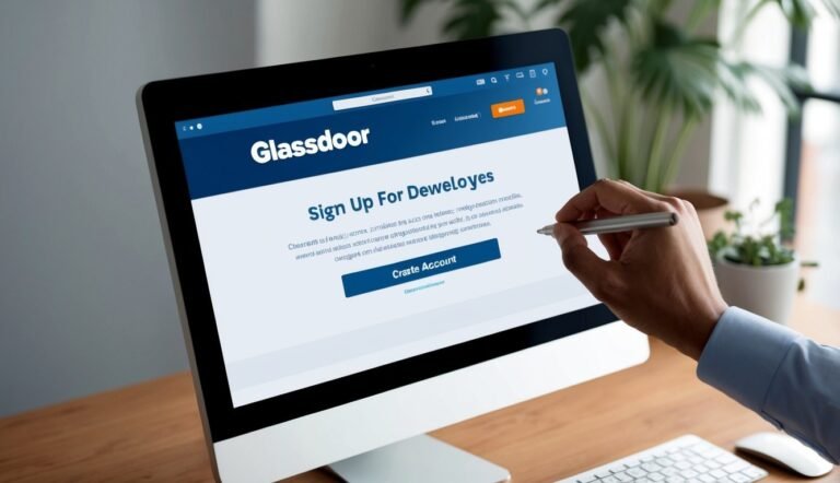 Glassdoor website on computer screen with hand holding pen