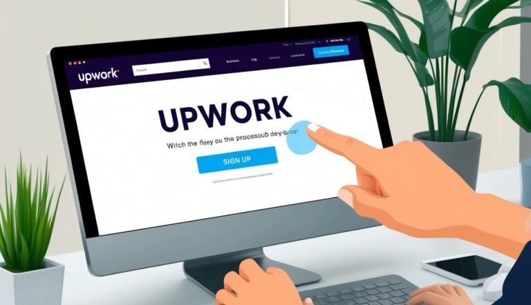 Upwork website on a computer screen with a hand pointing to the sign-up button