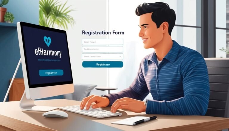Man registering for eHarmony on a computer, smiling, filling out a form