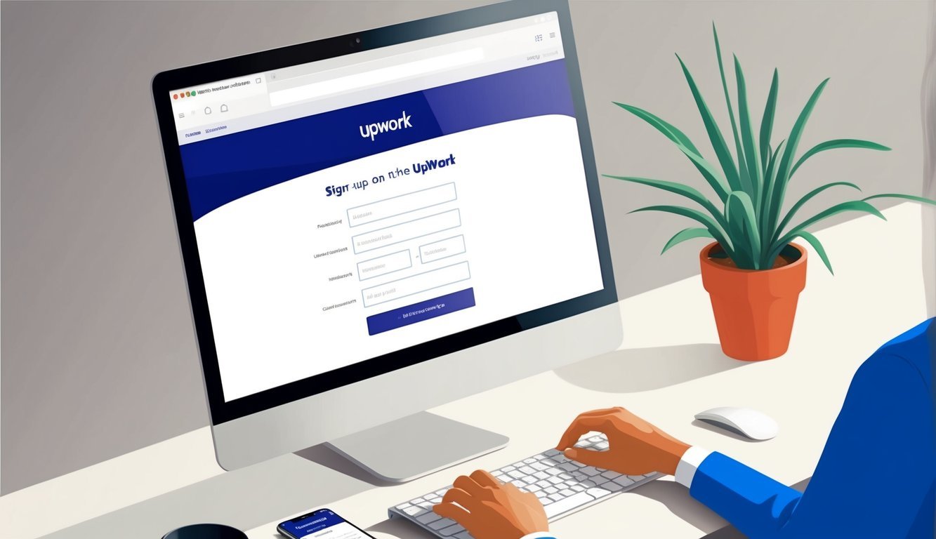A computer with a browser open to the Upwork website, showing the sign-up process with fields to input personal information