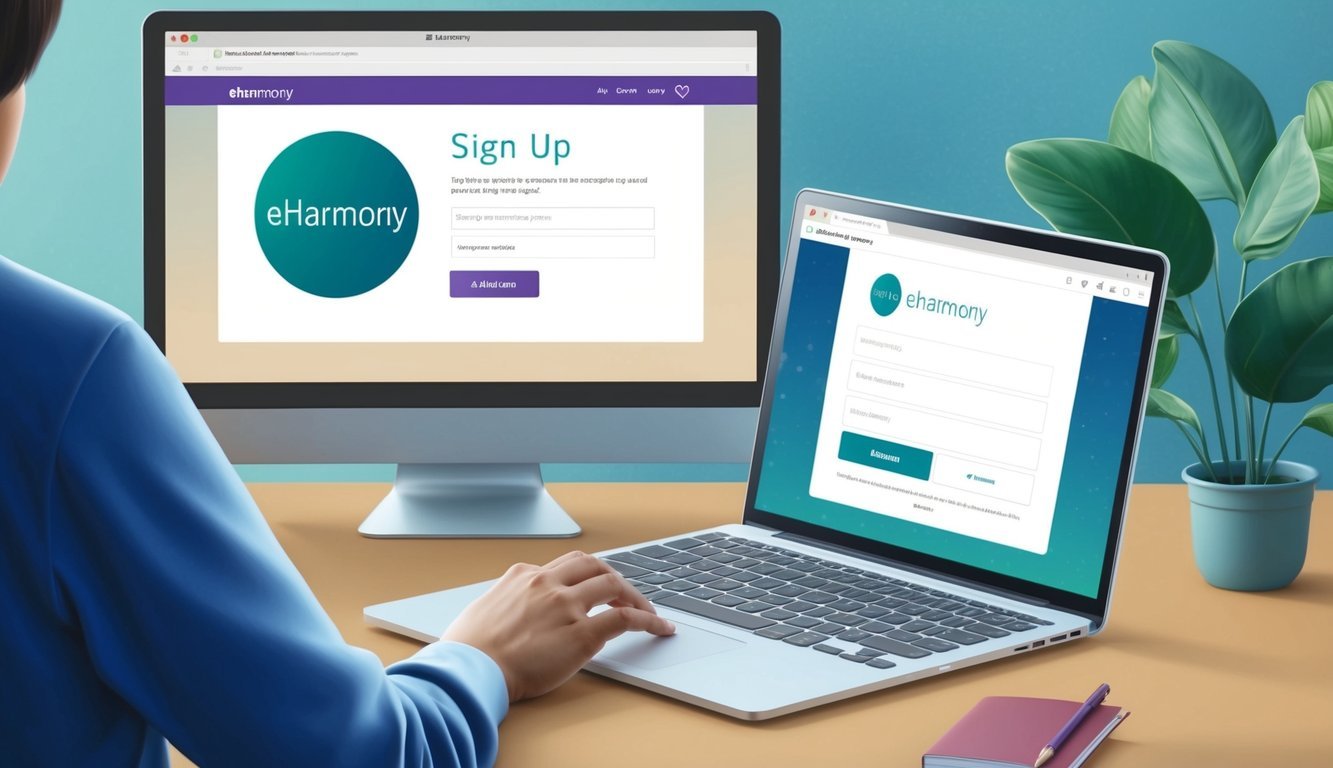 A person using a computer to sign up for eHarmony, with a website open and a registration form being filled out