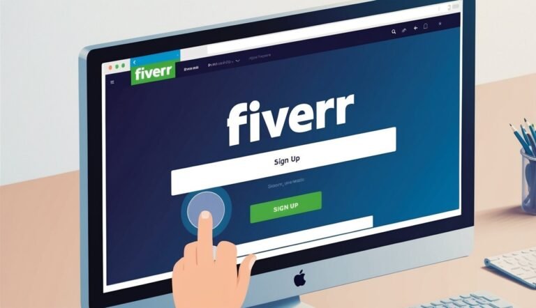 Fiverr website on a computer screen, with a hand about to sign up