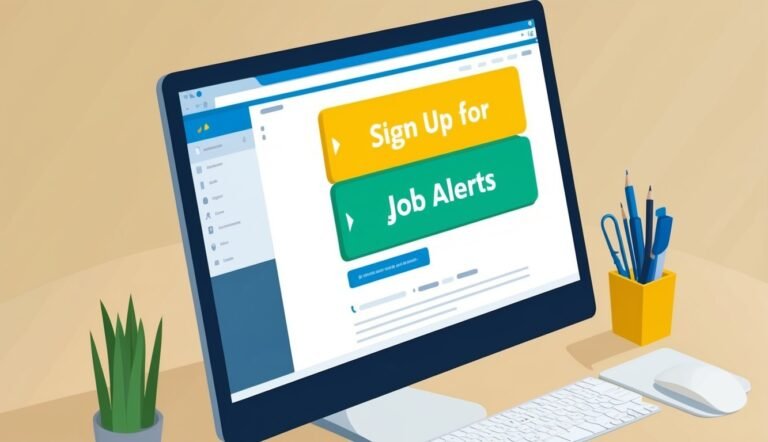 Computer screen with "Sign Up for Job Alerts" buttons, desk setup