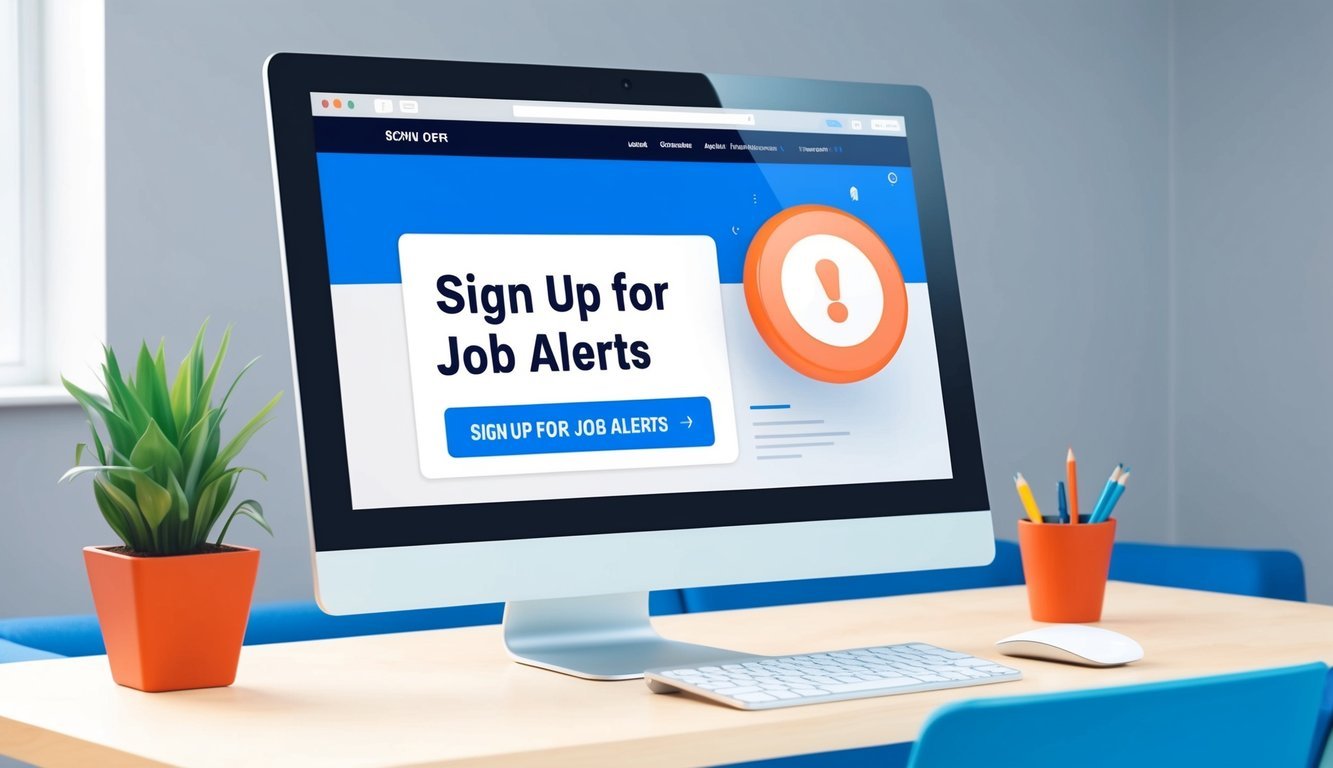 A computer screen showing a website with a "Sign Up for Job Alerts" button highlighted in blue